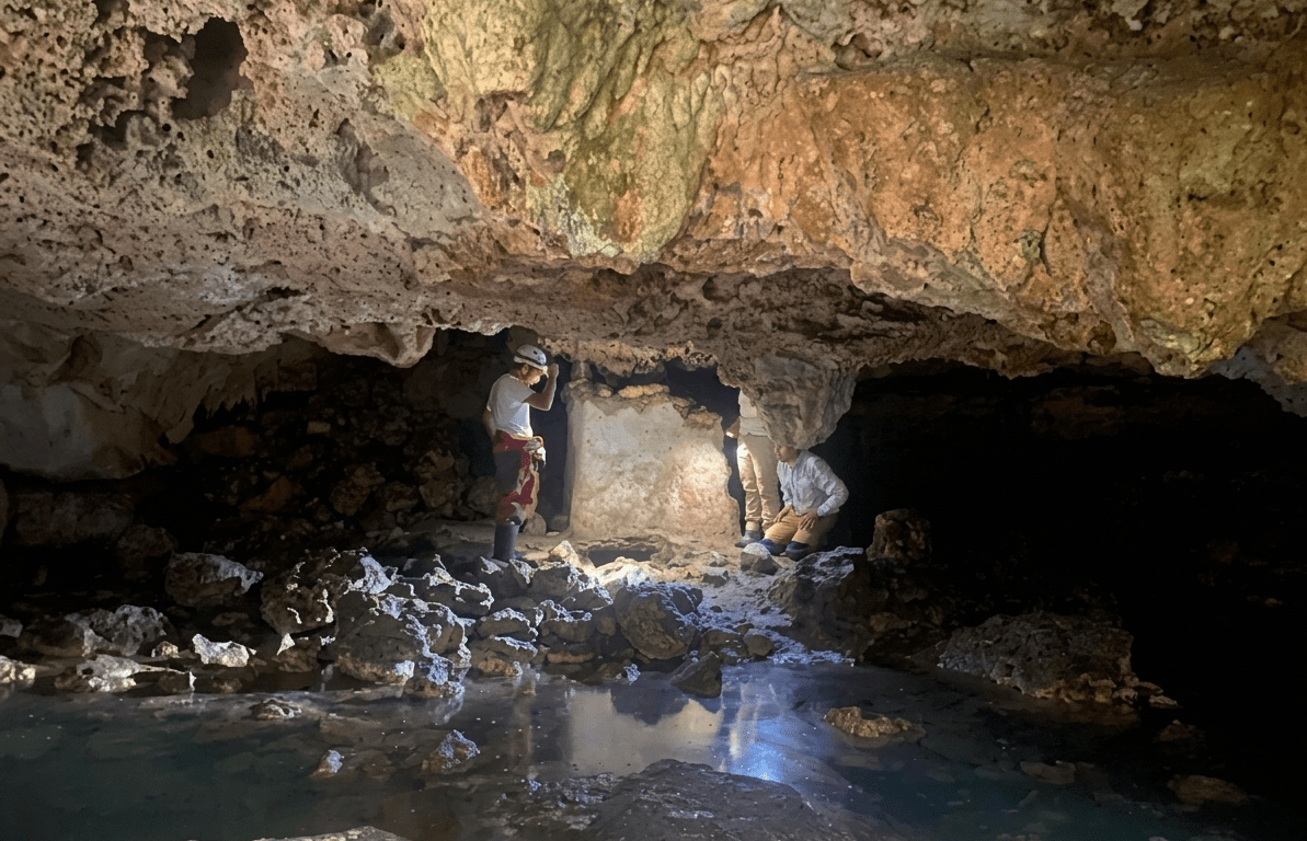 Imagen de ARTICULOS ARBITRADOS Un Templo en el Corazón de la Ciudad: María Fernanda Ramírez Islas El Templo de la Estalagmita, Playa del Carmen, Quintana Roo. Nancy Acosta Sánchez Historia, Evaluación y Propuestas Jesús Manuel Gallegos Flores Sección: Artículos Arbitrados. Coordinación: Graciela Aurora Mota Botello. Colaboración: Thalía Pérez Moreno Revista MEC-EDUPAZ, Universidad Nacional Autónoma de México / ISSN No. 2007-4778. No. XXVIII. Septiembre-Marzo, 2025El 5 de noviembre de 2022 acudieron el espeleobuzo Germán Yáñez Mendoza, del Círculo Espeleológico del Mayab A.C. (CEM); los arqueólogos M. Fernanda Ramírez Islas, Josué Tonatiuh Guzmán Torres y el técnico Gabriel Quetz León, personal de contrato SAS-INAH; el arqueólogo Jesús Manuel Gallegos Flores, (PROMEZA-INAH) y el espeleólogo Mitchel Vázquez Robles (CEM), grupo coordinado por la maestra Helena Barba Meinecke (SAS-INAH). Se contó con la presencia de la ingeniera Nancy Acosta Sánchez, Coordinadora de la Gestión de Proyectos Ambientales, y el inspector Julio César Peralta Barzón, de la Dirección de Medio Ambiente Sustentable y Cambio Climático, representantes del municipio de Solidaridad, Quintana Roo.Figura 4. Documentación realizada por miembros de la SAS-INAH, CEM, y el municipio de Solidaridad. © Archivo SAS-INAH, 2022. Fotografía: M. Fernanda Ramírez Islas.